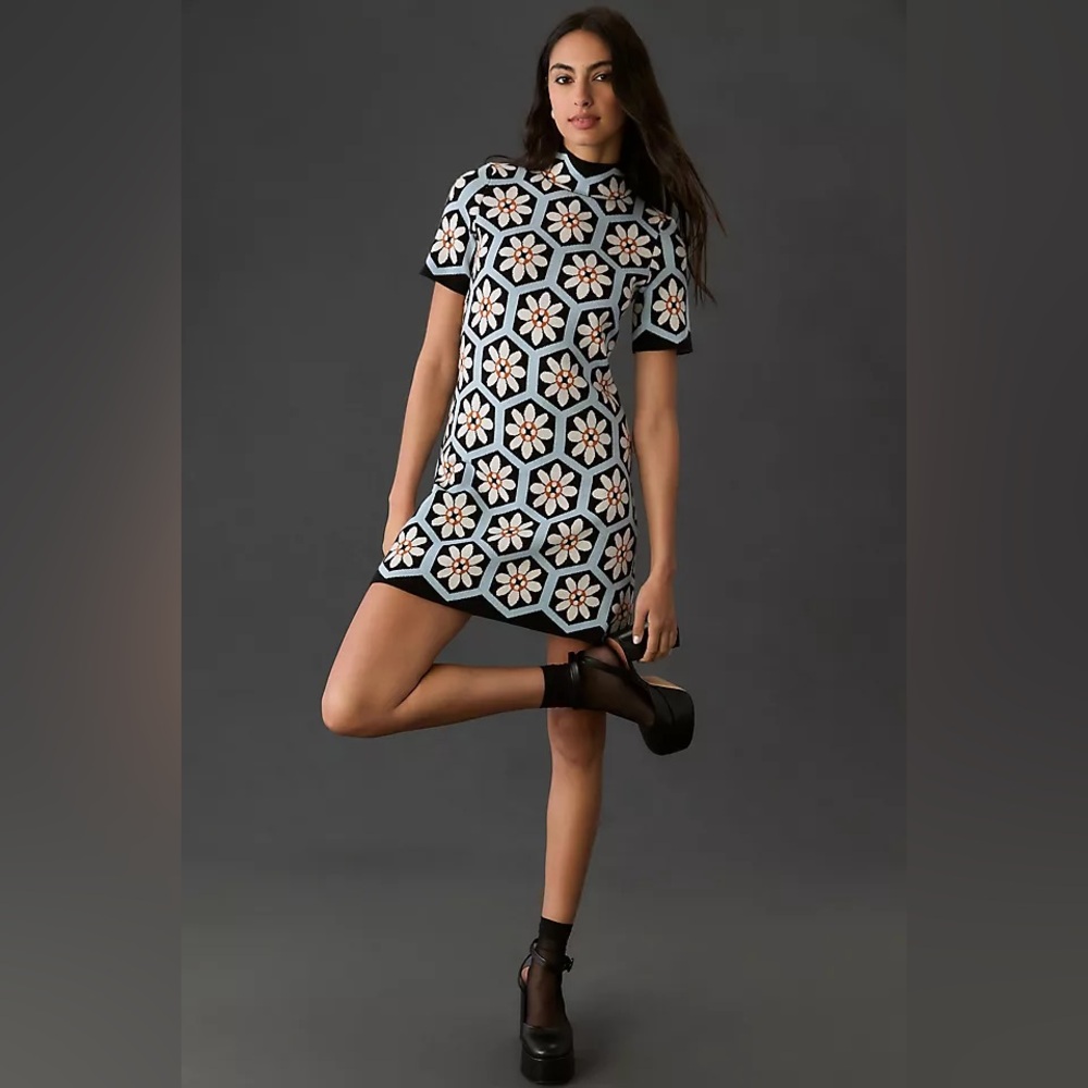 Anthropologie The Nina Short Sleeve Mock Neck Mod Mini Dress Floral
